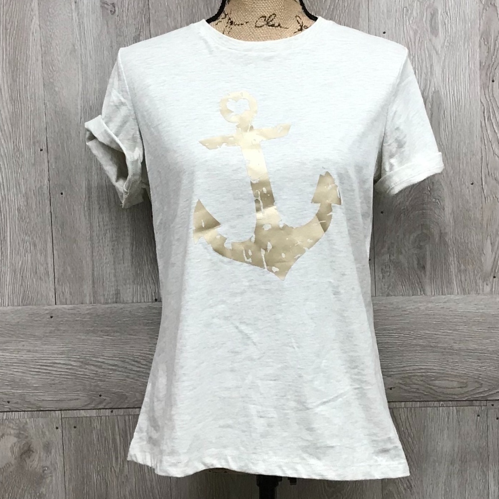 Cream Marled Crew Neck Tee With Gold Anchor BB325